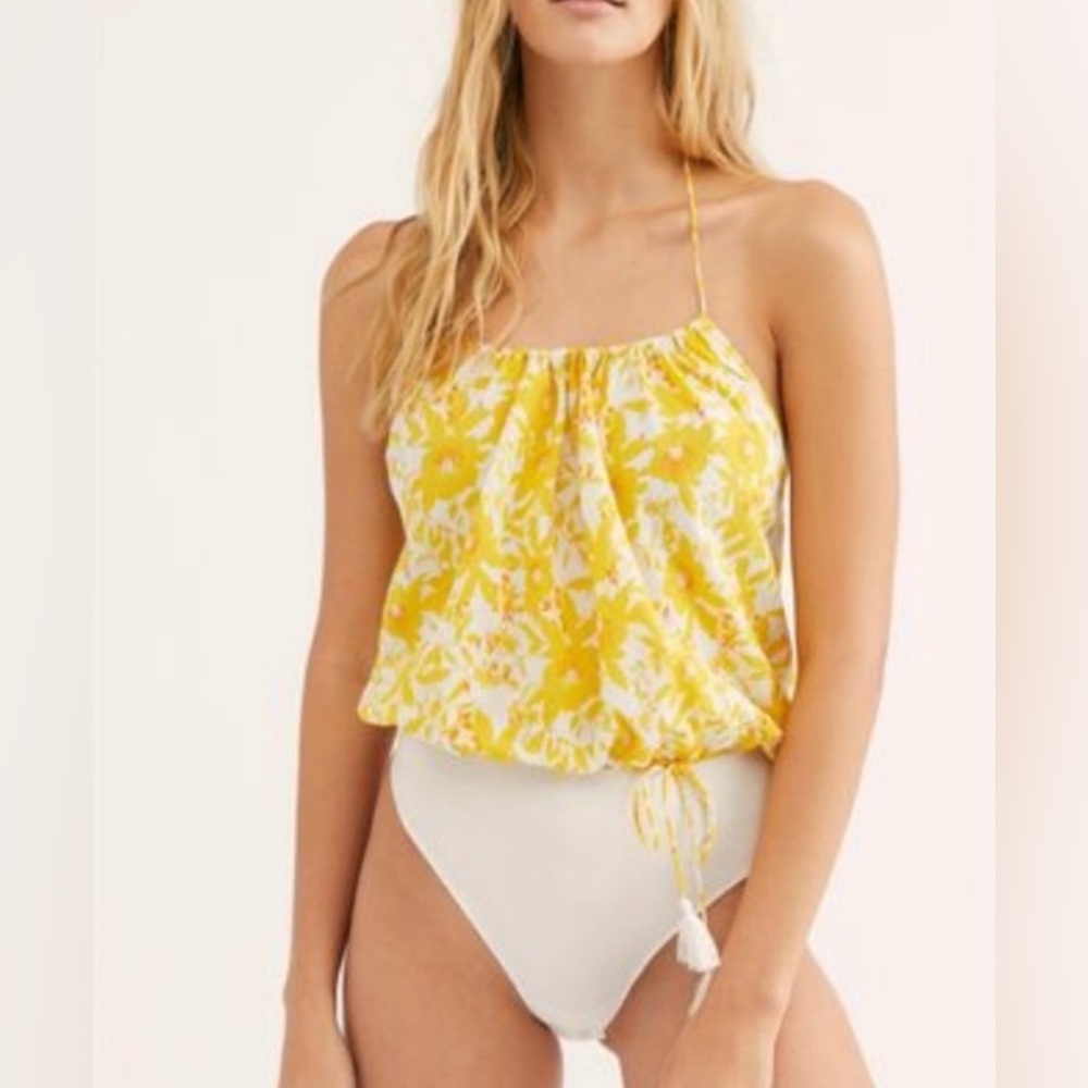 NWT Free People Ivory Combo Yellow Floral Intimately Halter Bodysuit Size Small